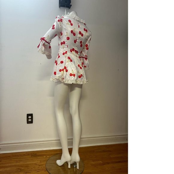 White Red Cherry Cherries Satin top ruffle short mini dress NWOT - Picture 3 of 4